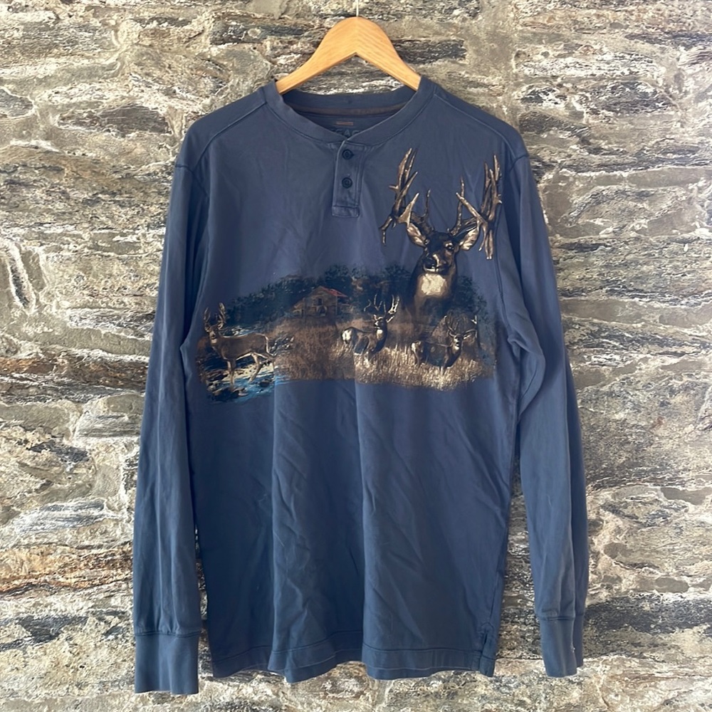 Legacy Falls Buck Landscape Henley Long Sleeve Shirt- Men's Size Medium
